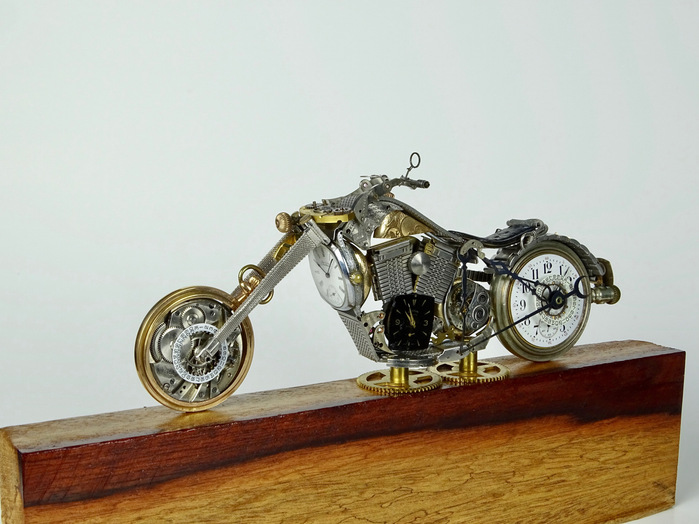 The Swag motorcycle is made using vintage clock and watch parts by Julio Milanes from Time Rider Designs.