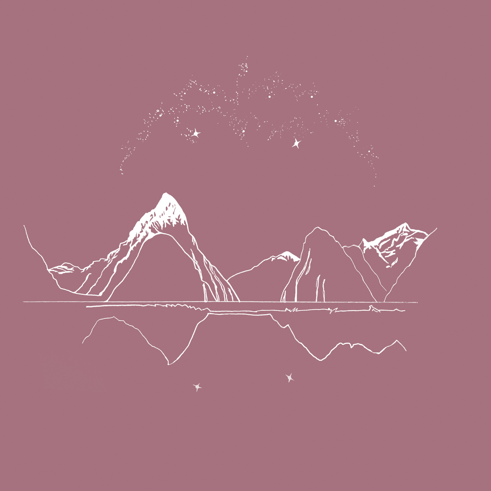 Milford Sound, New Zealand, minimal art print with pink background and white line design art