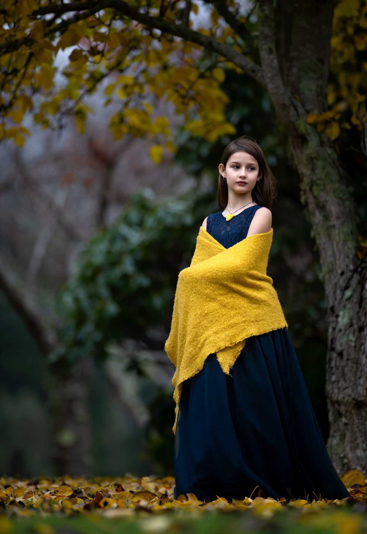 Jacqueline wrapped in a yellow shawl and wearing a blue gown with yellow Hearts and Roses necklace shot by Nigel Sloley Photography.