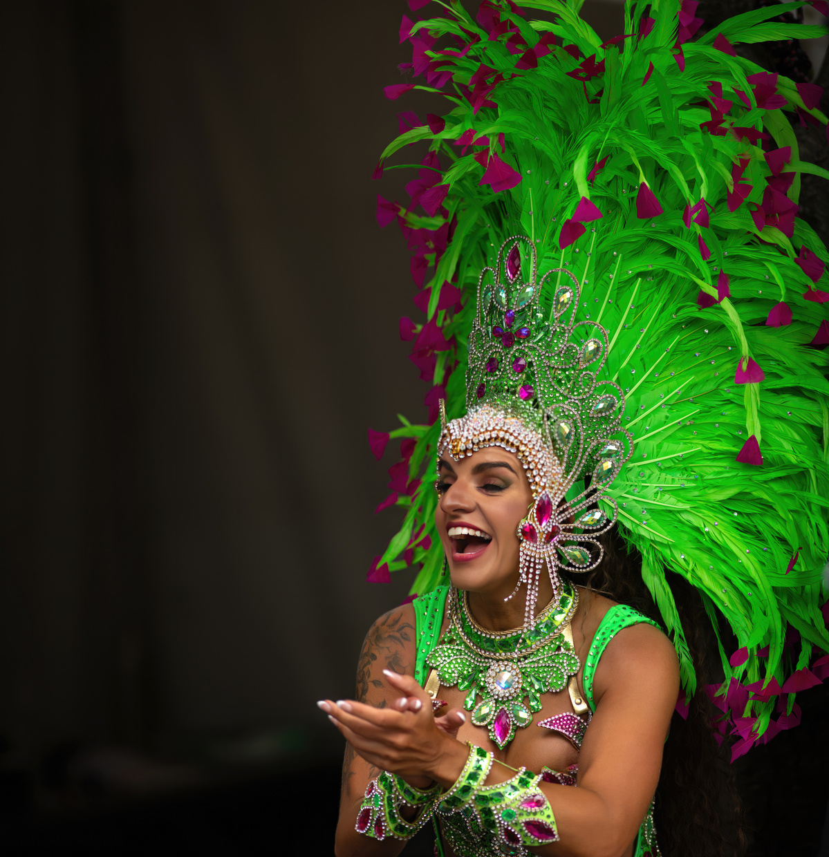 Gabriela Guimaraes performing with Unidos de Aotearoa in Cuba Street in Wellington New Zealand during the 2024 Cuba Street carnival. shot by Nigel Sloley Photography. Canon 1DX mkii 200mm f1.8