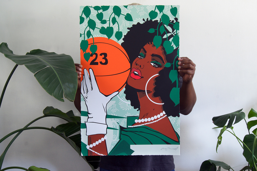 #Hoopdreams AP #1
20" x 30"
Edition of 25
8 Color Screen Print on 160 lb. Mohawk Superfine Ultra White
Hand Deckled Edges
Hand Signed and Editioned by Artist
Printed by Fugscreens Studios
An “ART OF THE GAME” Exclusive 