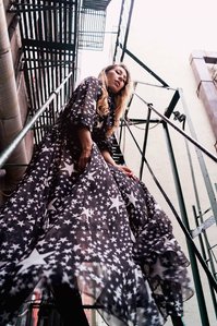 Russian model wearing long flowing designer gucci clothing with star design based in New York shot by top fashion and advertising photographer from Mumbai Santacruz Mumbai