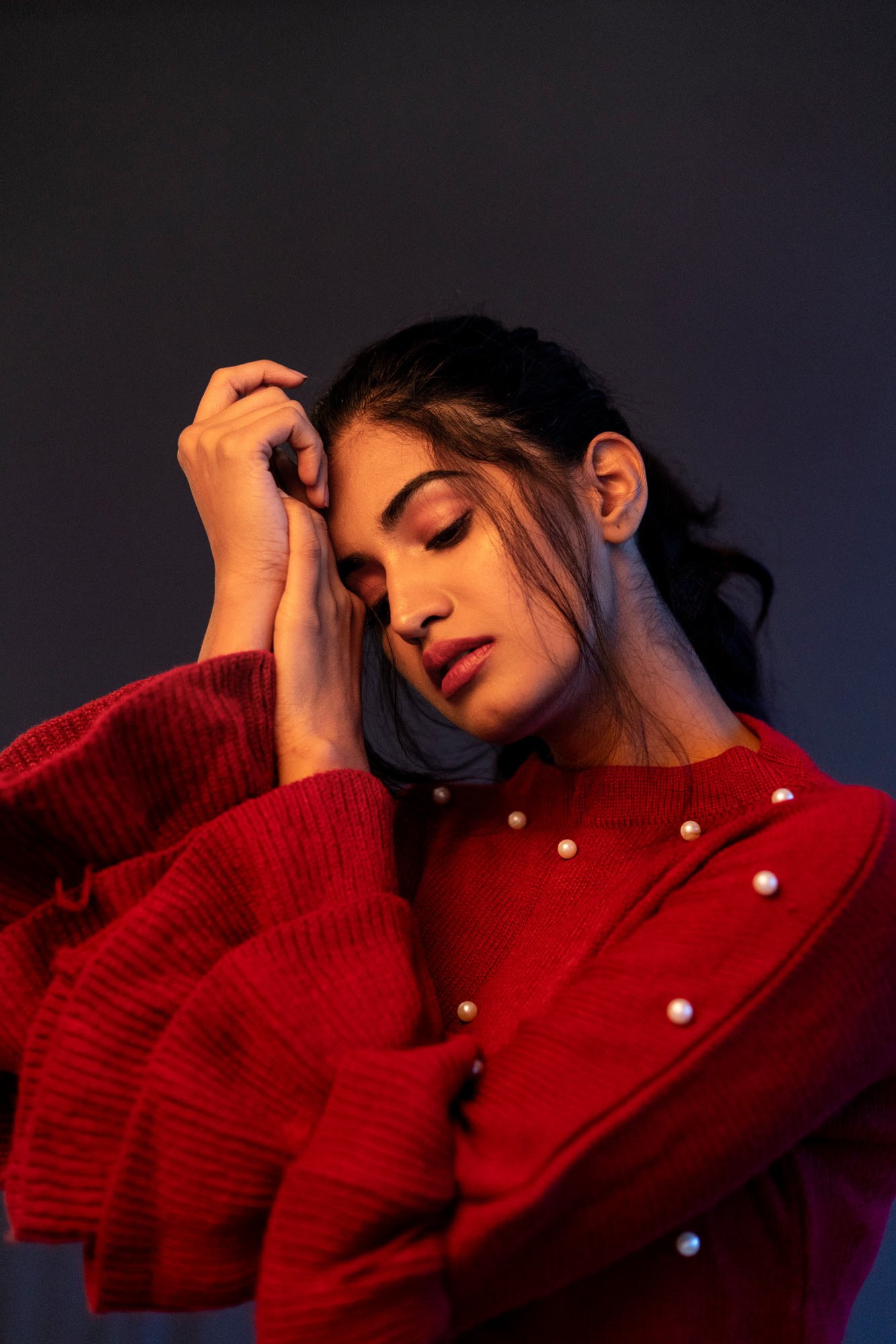 red female indian femina miss india winner portrait in red designer wear shoot by best indian fashion photographer based in Santa Cruz mumbai india
