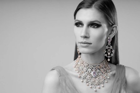 female model poses for black and white jewellery campaign for leading indian jewellery designer yoube jewellery shoot with the leading indian jewellery advertising photographer based in mumbai india