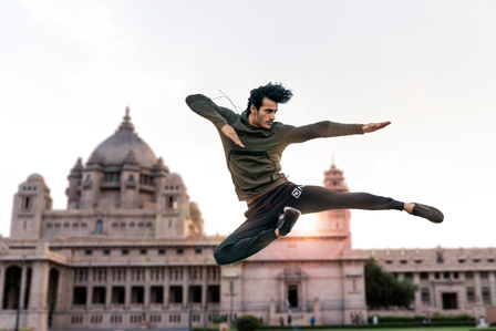 highly energetic jump by the blissful umaid bhavan palace in jodhpur india photoproject with the leading indian Fashion and advertising photographer based in mumbai india 
