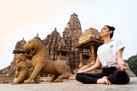 a peaceful sunrise meditation session at khajuraho madhya pradesh with the gorgeous model paniza shoot with the best indian advertising photographer based in mumbai india
