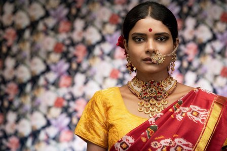 portrait of female bride in indian sari clothing photoshoot by leading indian fashion photographer based in mumbai india
