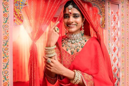 red designer dress with bridal jewellery concept shoot by top indian jewellery photographer based in mumbai india