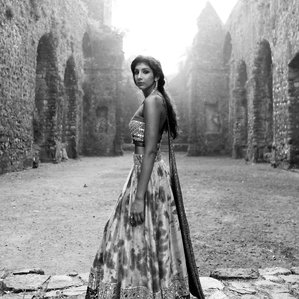monochrome concept photoshoot in fort with model in indian designer dimple shorff clothing shoot by top fashion photographer based in mumbai india