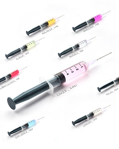 a collection of miniature syringes with one oversized, each with different vaccines denoted by different pop colours shot in a studio lighting setup by leading conceptual product photographer ashish gurbani from Pune india