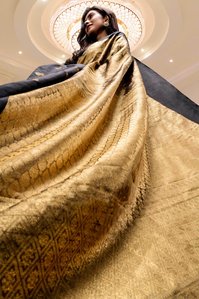 Female model wearing concept fabric golden glow saree clothing designer brand ​Kasat Exclusive photoshoot by best indian advertising photographer based in Mumbai India. 