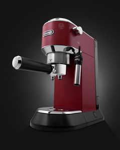 a red delonghi coffee machine placed on a conceptual black background shot in photo studio setup for product shoot in pune india
