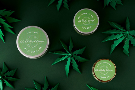 a band of green trees made with potpourri paper art with face gels and creams photographed for a brand campaign by best creative product photographer based in Bangalore India