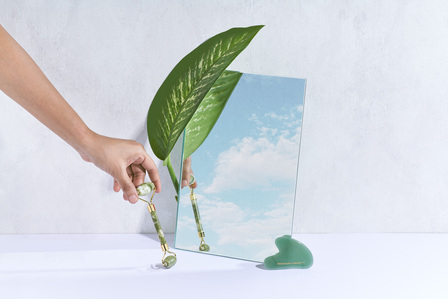 a professional advertising campaign shoot for luxury cosmetic brand selling jade and rose quartz face roller and gua sha shot in a outdoor setup by best product photographer ashish gurbani based in mumbai india