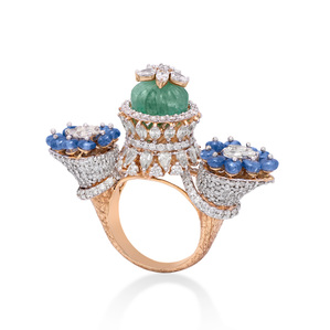 beautiful gold engagement ring with blue and green gemstones professionally shot in studio on white background for jewellery exhibition marketing brochure design shoot by best advertising photographer based in Pune India