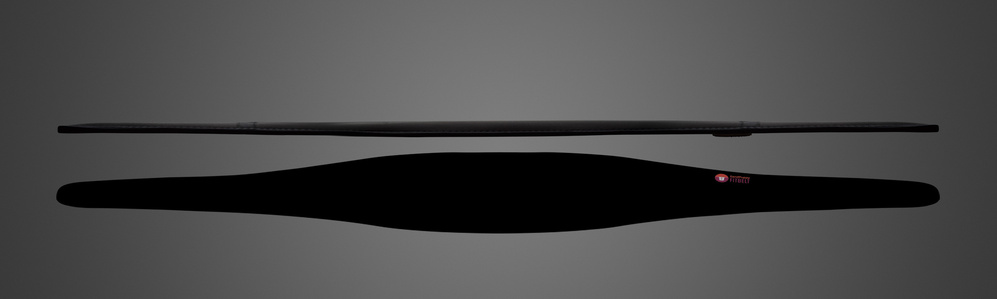 A conceptual product photograph of a heating belt and its reflection showing with a black background and white light in the center shot in an abstract form by leading product photographer Ashish Gurbani based in Pune, India