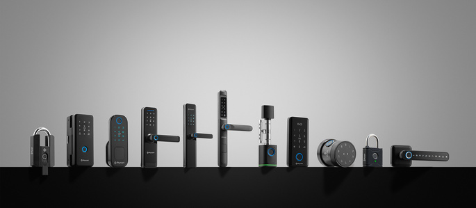 a collection of latest wifi locks and door knobs shot on a black table top set by leading indian technology brand photographer based in pune india