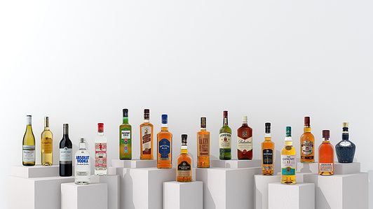 a portfolio of all pernod ricard brands showcasing a variety of whiskey, vokda, gin in a beautiful collection of glass bottles placed on a variety of white boxes for ad photography in india
