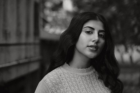 monochrome classy portrait of the charming dimple girl of telegu industry shweta avasthi photographed by best portrait photographer in mumbai india