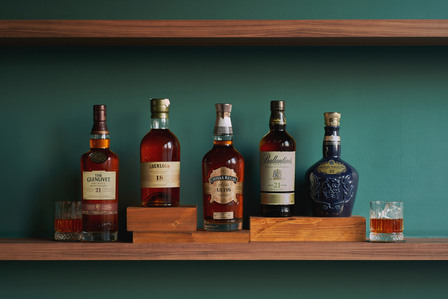 A group photograph of whiskey bottles styled on top of a table and displayed in front of a green wall was taken by a professional product photographer in Pune, India.