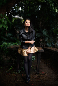 female model posing in spunk garment for conceptual photoshoot  in dark forest for top adverting photographer based in mumbai