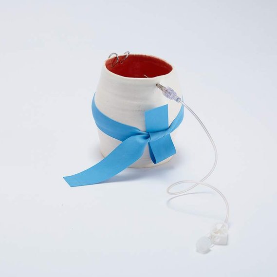 a vessel that has a red interior and white exterior with a clear plastic needle and tubing, and a blue rubber tourniquet tied around it, similar to one you might have tied around your arm when giving blood