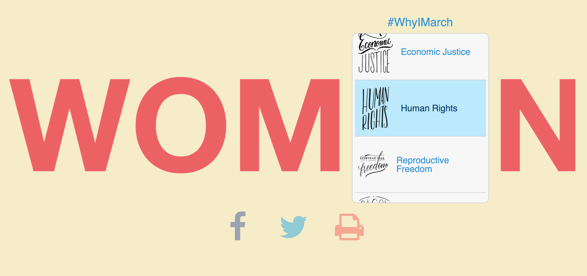 http://wom-en.org
Visionary & Art Director for website, social media gifs, and revolving video for jumbotron for Women's March in DC.
web design by Cody Groom
hand lettering by Marla Bonner