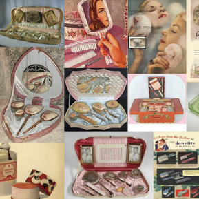 Collage moodboard containing images of 1940s and 1950s makeup ads, kits and products.