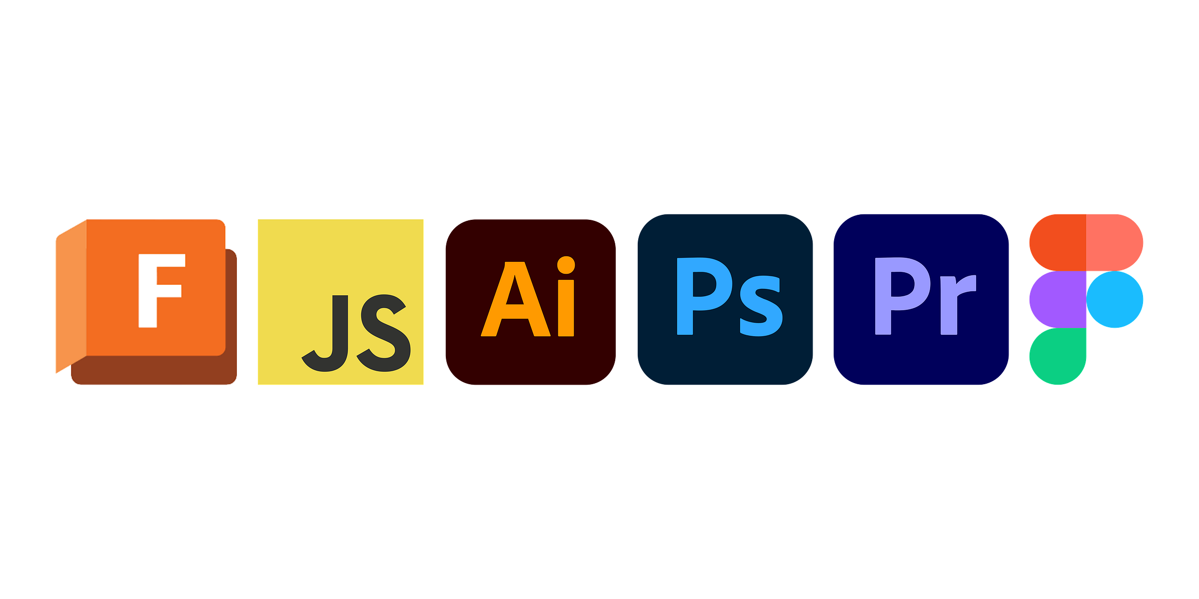 Horizontal logo lineup representing fusion 360, JavaScript, Adobe Illustrator, Adobe Photoshop, Adobe Premier and Figma.