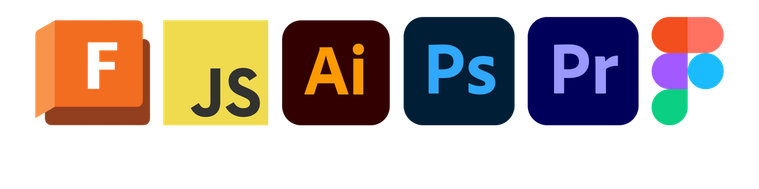 Horizontal logo lineup representing fusion 360, JavaScript, Adobe Illustrator, Adobe Photoshop, Adobe Premier and Figma.