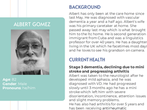 Image containing user persona of Alberto Gomez. Provides background, current health and personality