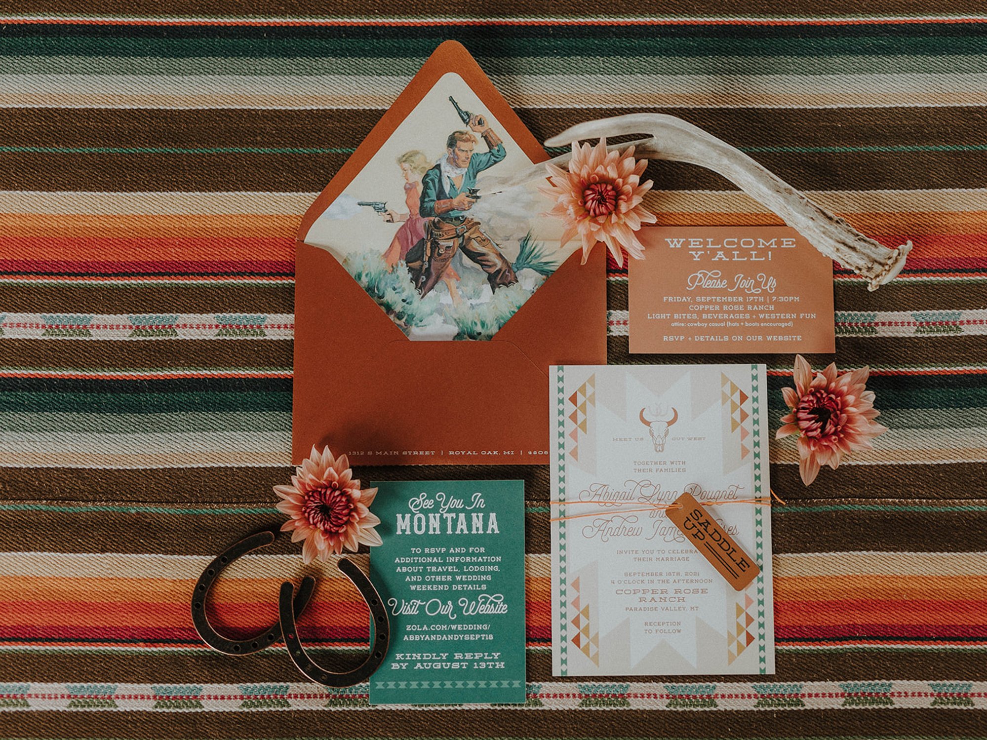 Gorgeous wedding invitation suite with western design for wedding in Bozeman, Montana.