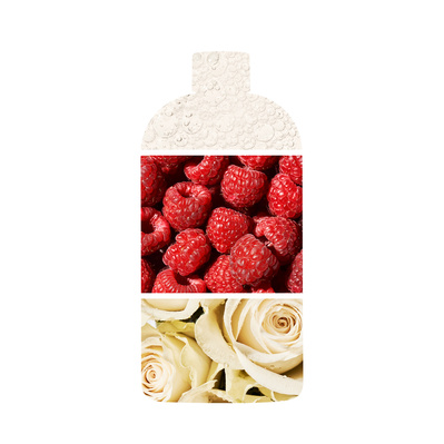 Bottle silhouette, overlayed with three ingredients that make up the scent. Champagne bubbles, fresh raspberries and white roses.