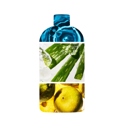 Bottle silhouette, overlayed with three ingredients that make up the scent. Water, aloe and ice and fresh bergamot.