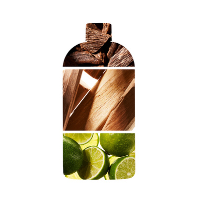 Bottle silhouette, overlayed with three ingredients that make up the scent. Oud wood, Cedarwood chucks and fresh limes.