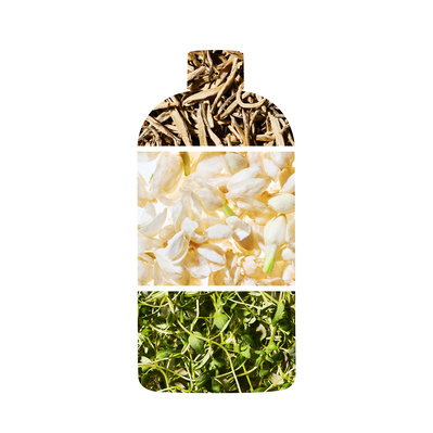 Bottle silhouette, overlayed with three ingredients that make up the scent. White Tea Leaves, White flowers and Fresh Thyme.