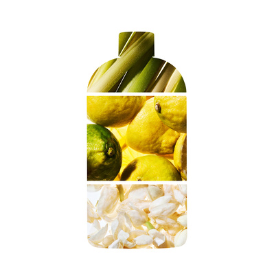 Bottle silhouette, overlayed with three ingredients that make up the scent. Fresh Lemon grass, Fresh bergamot fruit and white flowers.