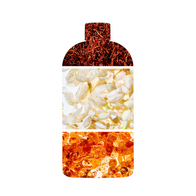 Bottle silhouette, overlayed with three ingredients that make up the scent. Saffron, White flowers and Amber/ Resin.