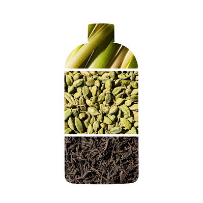 Bottle silhouette, overlayed with three ingredients that make up the scent. Fresh Lemongrass, green cardamom and black tea leaves.