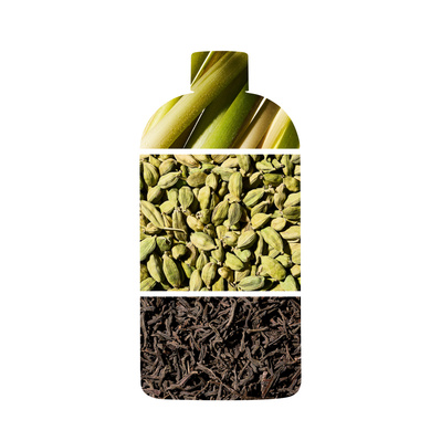 Bottle silhouette, overlayed with three ingredients that make up the scent. Fresh Lemongrass, green cardamom and black tea leaves.