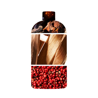 Bottle silhouette, overlayed with three ingredients that make up the scent. Burning wood, Cedarwood chucks and dried red peppercorns.