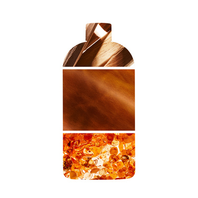 Bottle silhouette, overlayed with three ingredients that make up the scent. Cedarwood chucks, brown leather and amber/ resin.