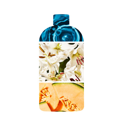 Bottle silhouette, overlayed with three ingredients that make up the scent. Water, White Lilly flowers and Fresh orange melon fruit.