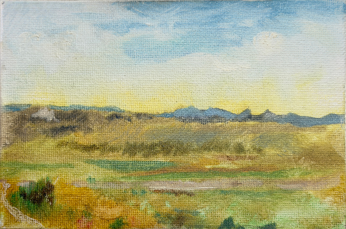 A plein air painting of a Colorado golden meadow with blueish mountains in the background.