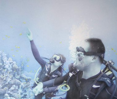Commission artwork by Candace Slager. Colour pencil. Vanuatu. Scuba divers.