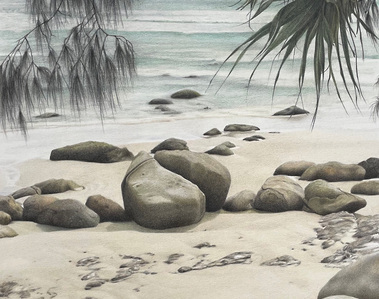 Wategos Beach Byron Bay - colour pencil drawing of famous Byron Beach NSW by Candace Slager