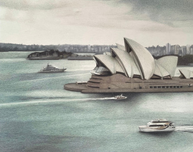 Melancholy Opera - colour pencil Sydney Opera House drawing by Candace Slager