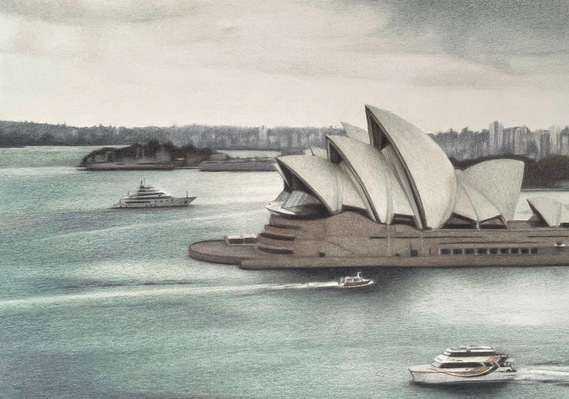 Melancholy Opera - colour pencil Sydney Opera House drawing by Candace Slager
