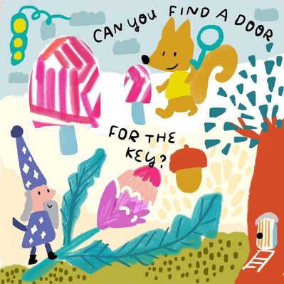 A squirrel in a forest looking for a door for the key. Whimsical illustration by Children's book illustrator Cani Chen