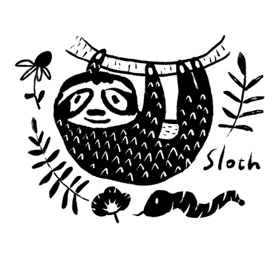black and white sloth illustration for toddler board book